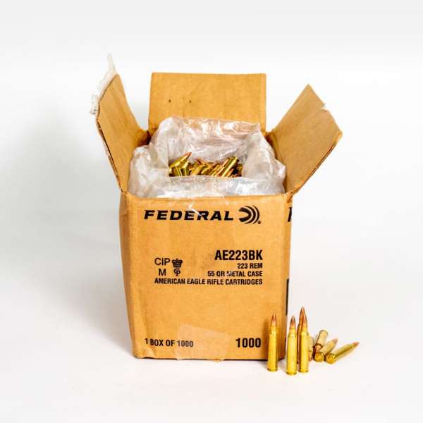 Federal AE223BK 223 Remington 55 Grain FMJ BT Ammo Box Side Top Open with Rounds