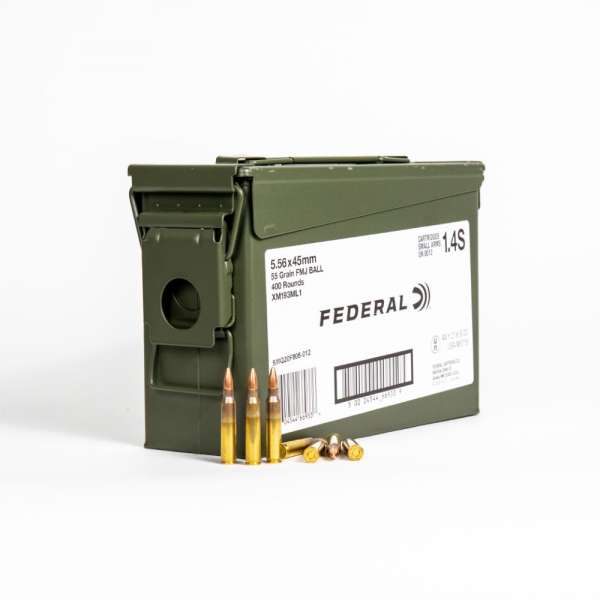 Federal XM193ML1 5.56x45mm 55 Grain FMJ M193 in Ammo Can Front with Label and Rounds
